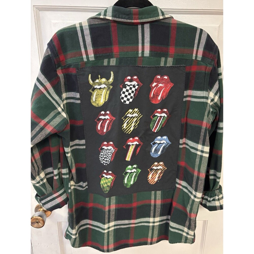 Rolling Stones Upcycled Flannel Shirt Heavy Plaid Size Medium Unisex Grunge Rock